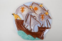 An Art Deco Burleigh ware pottery wall plaque in the form of a C16th sailing ship, 13" diameter