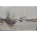 Yarmouth quayside with fishing boats and paddle steamer, unsigned