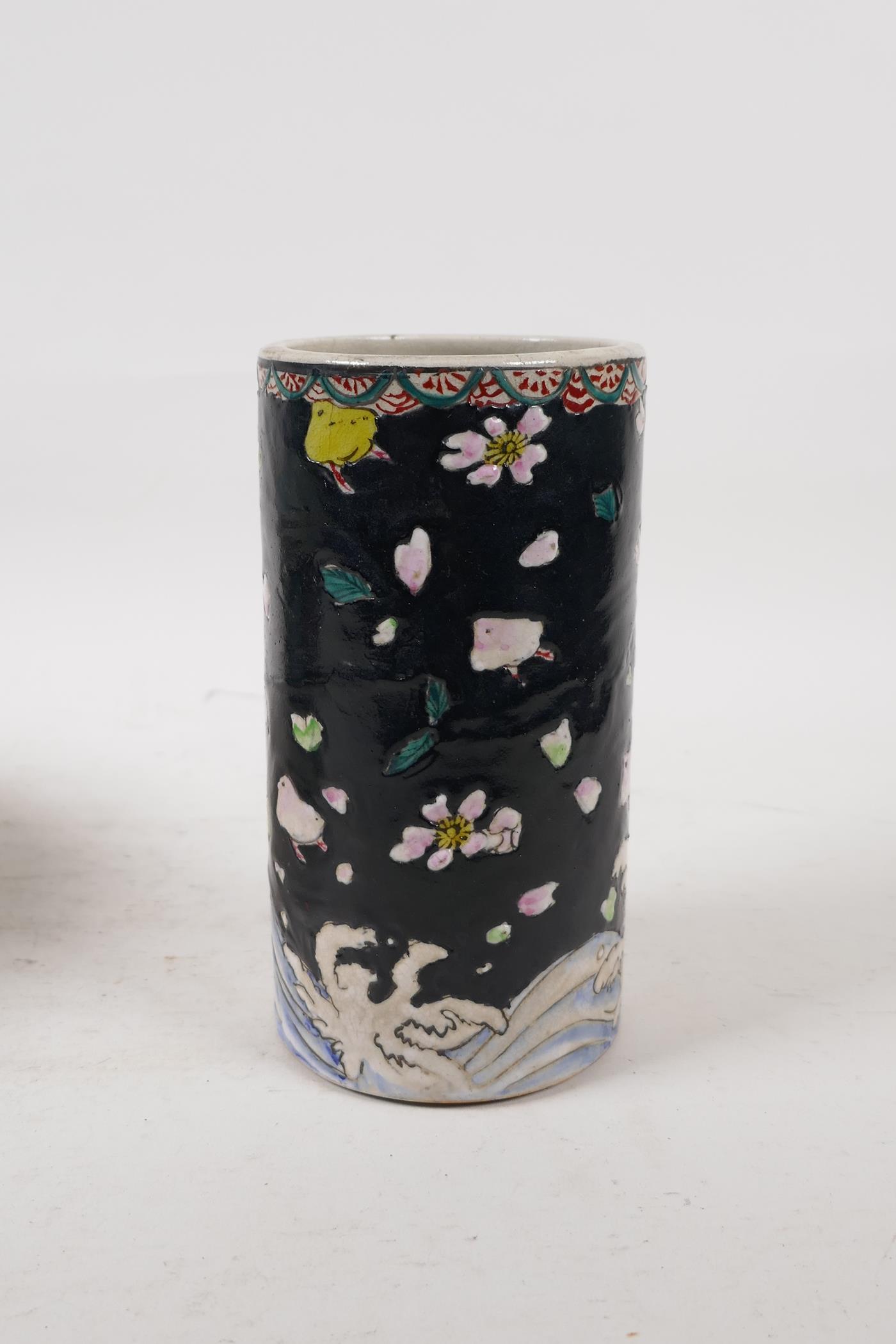 An oriental antique famille noir pottery brush pot decorated with birds and blossom, and a famille - Image 4 of 9