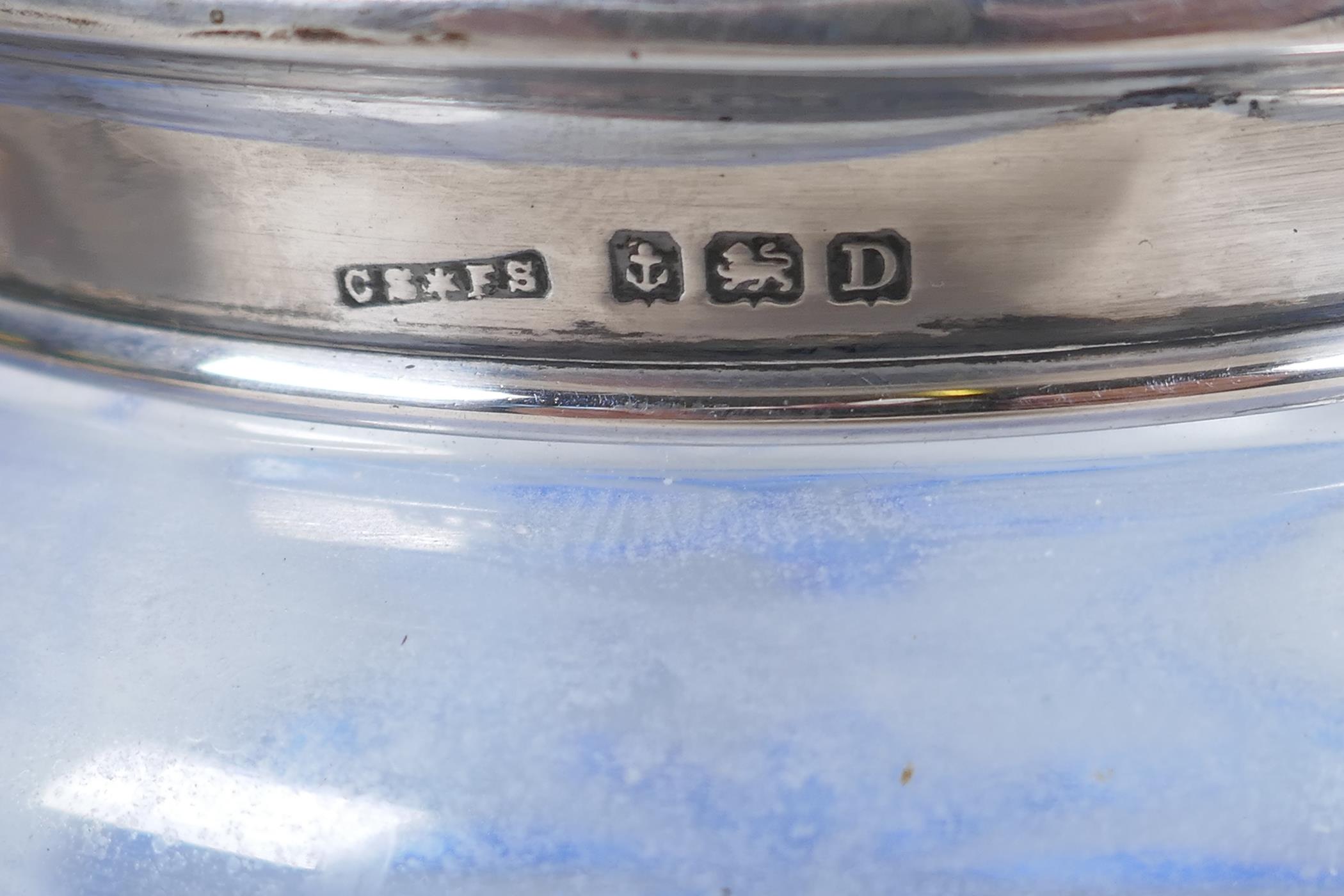 A blue glass dressing table jar with hallmarked silver rim, Birmingham 1928, and an early C20th - Image 3 of 6