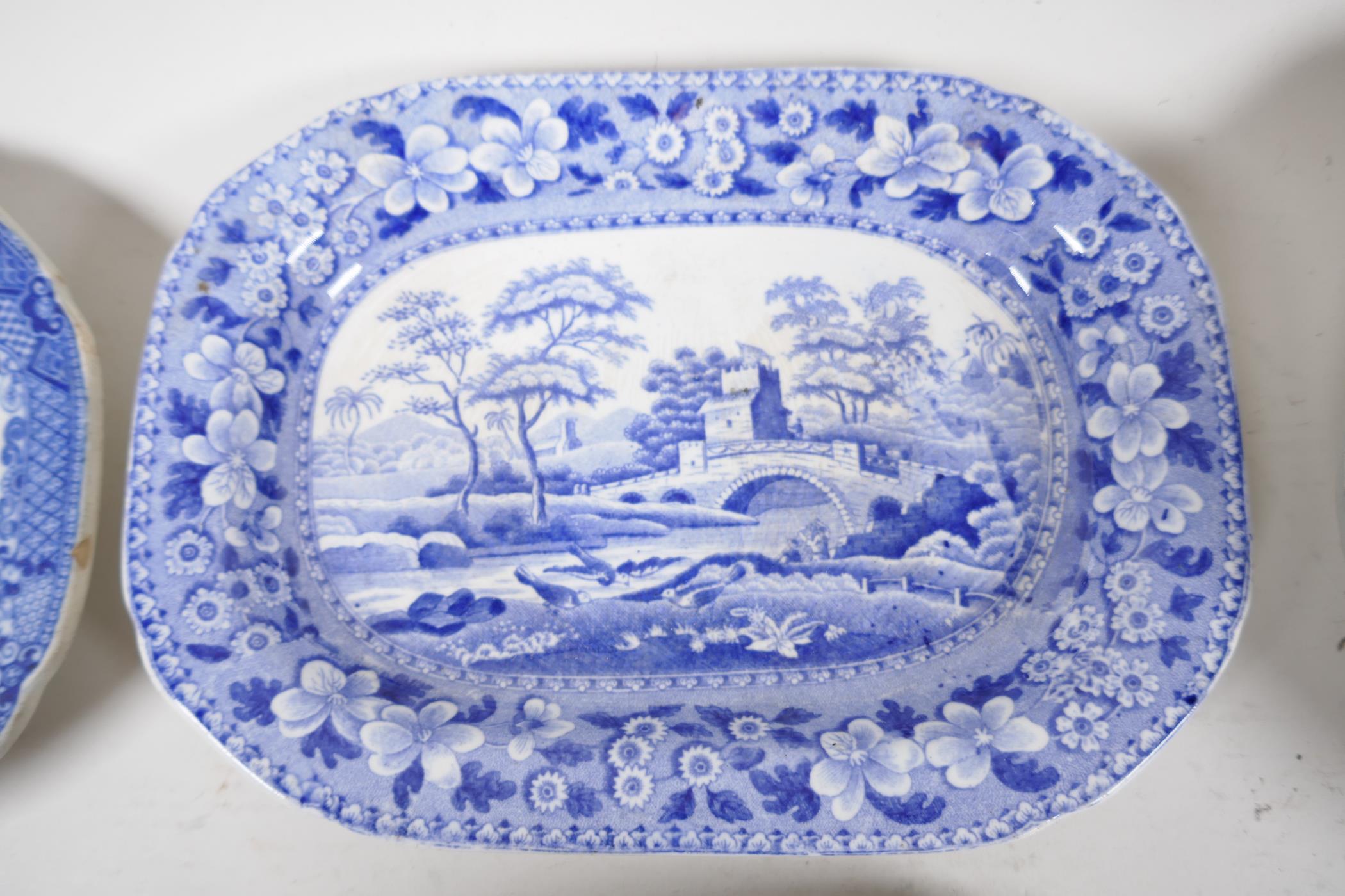 Eight C19th blue and white pottery dishes, various patterns to include the Long Bridge, Boy on a - Image 5 of 7