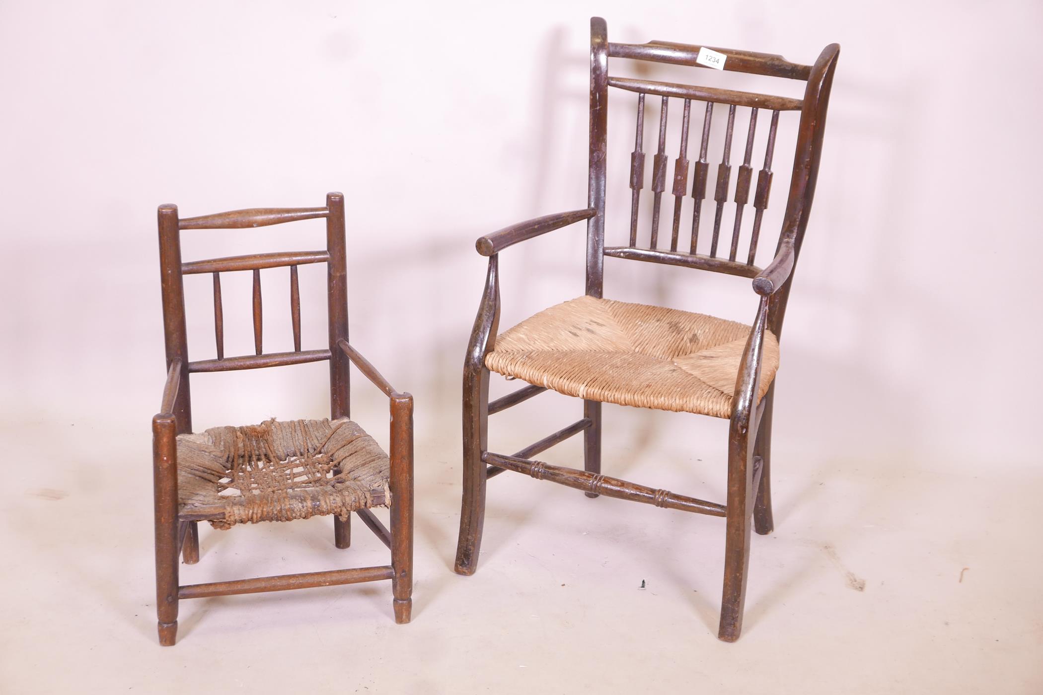 A child's William Morris style rush seated elbow chair, and another smaller