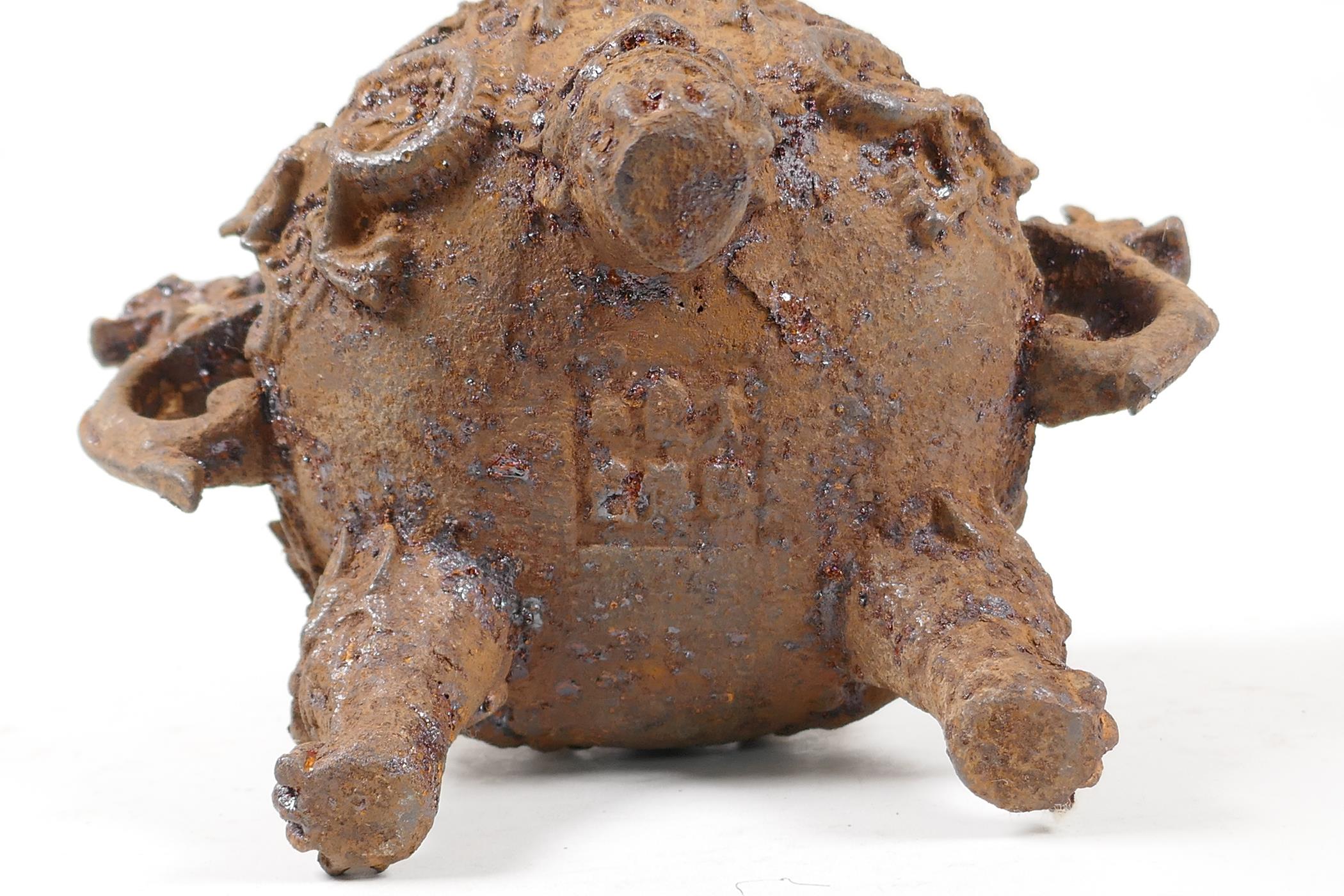 A Chinese iron censer and cover with two dragon handles, tripod dragon mask supports and a kylin - Image 6 of 7