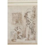 A sepia drawing, soldiers entering a room, disturbing a child's prayers, 3" x 4"