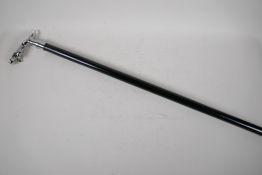 An ebonised walking stick with chromium plated Jaguar mascot handle, 36" long