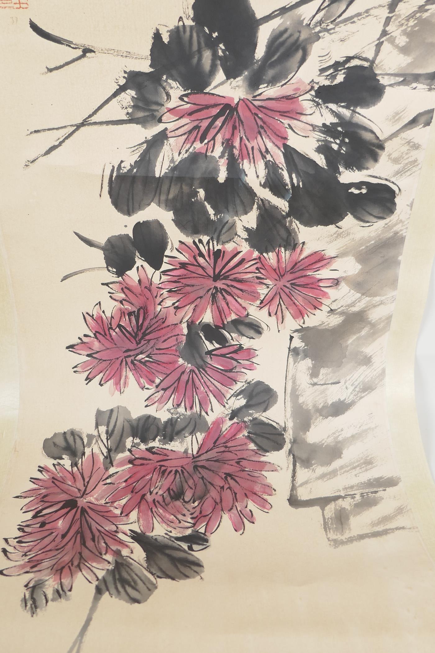 A Chinese watercolour scroll, depicting chrysanthemums, 13" x 53" - Image 3 of 5