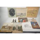 A folio of unframed watercolours, including a village scene, initialled 'E.W 1963', 10" x 10", dog