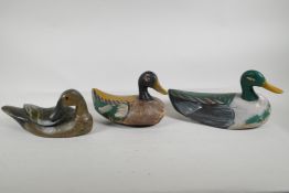 Three C19th folk art carved and painted wood decoy ducks, largest 12½"