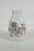 A Chinese polychrome porcelain vase, in the form of a sack, decorated with women & children,