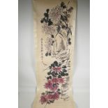 A Chinese watercolour scroll, depicting chrysanthemums, 13" x 53"