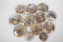 Twelve Prattware pot lids, various sizes, to include  "The Queen God Bless Her", "Dr. Johnson", "The