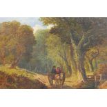 A wooded landscape with horse and trap, in a good gilt frame, C19th oil on canvas, 29" x 17"