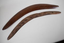 Two early Aboriginal hardwood boomerangs, one carved with kangaroo's, longest 23"