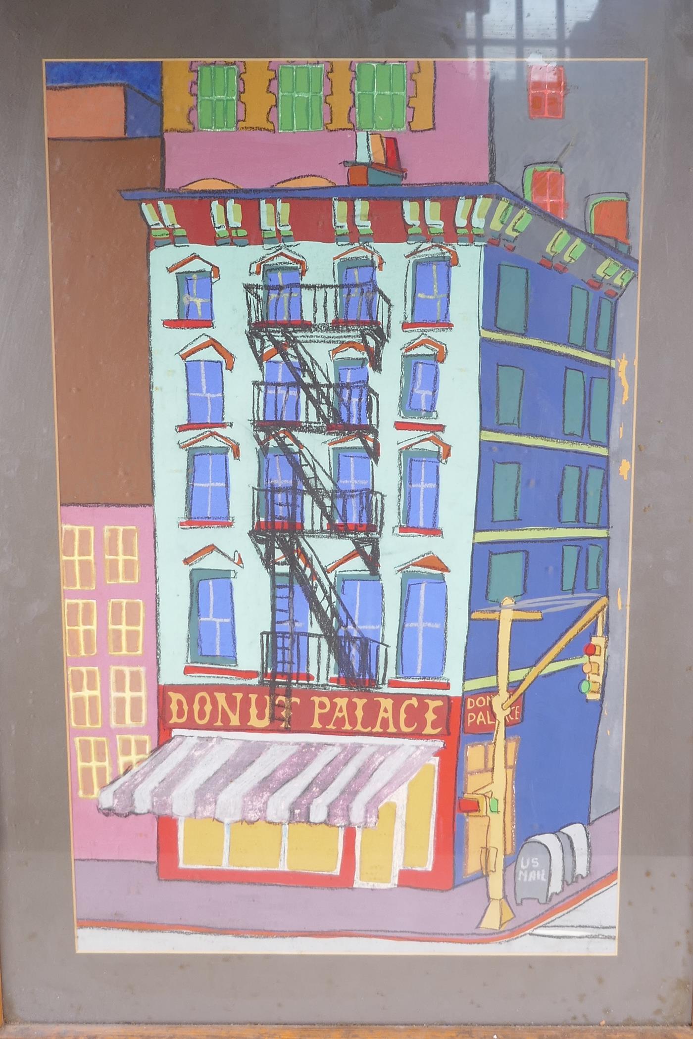 American School, mixed media painting, street scene,  indistinctly signed on label verso, 25" x 16" - Image 2 of 4