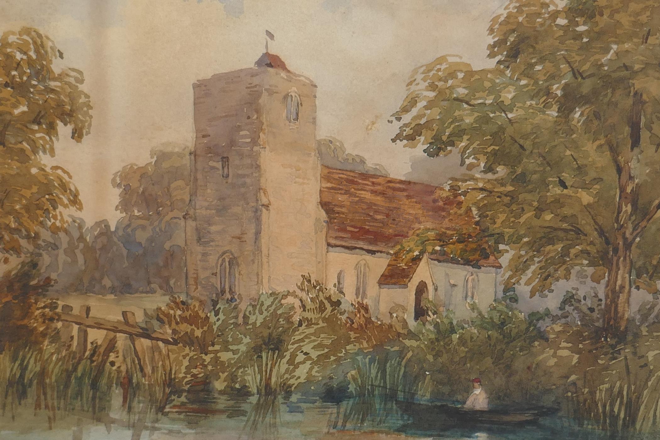 A rural scene with church and pond, C19th watercolour, 10" x 8" - Image 2 of 4