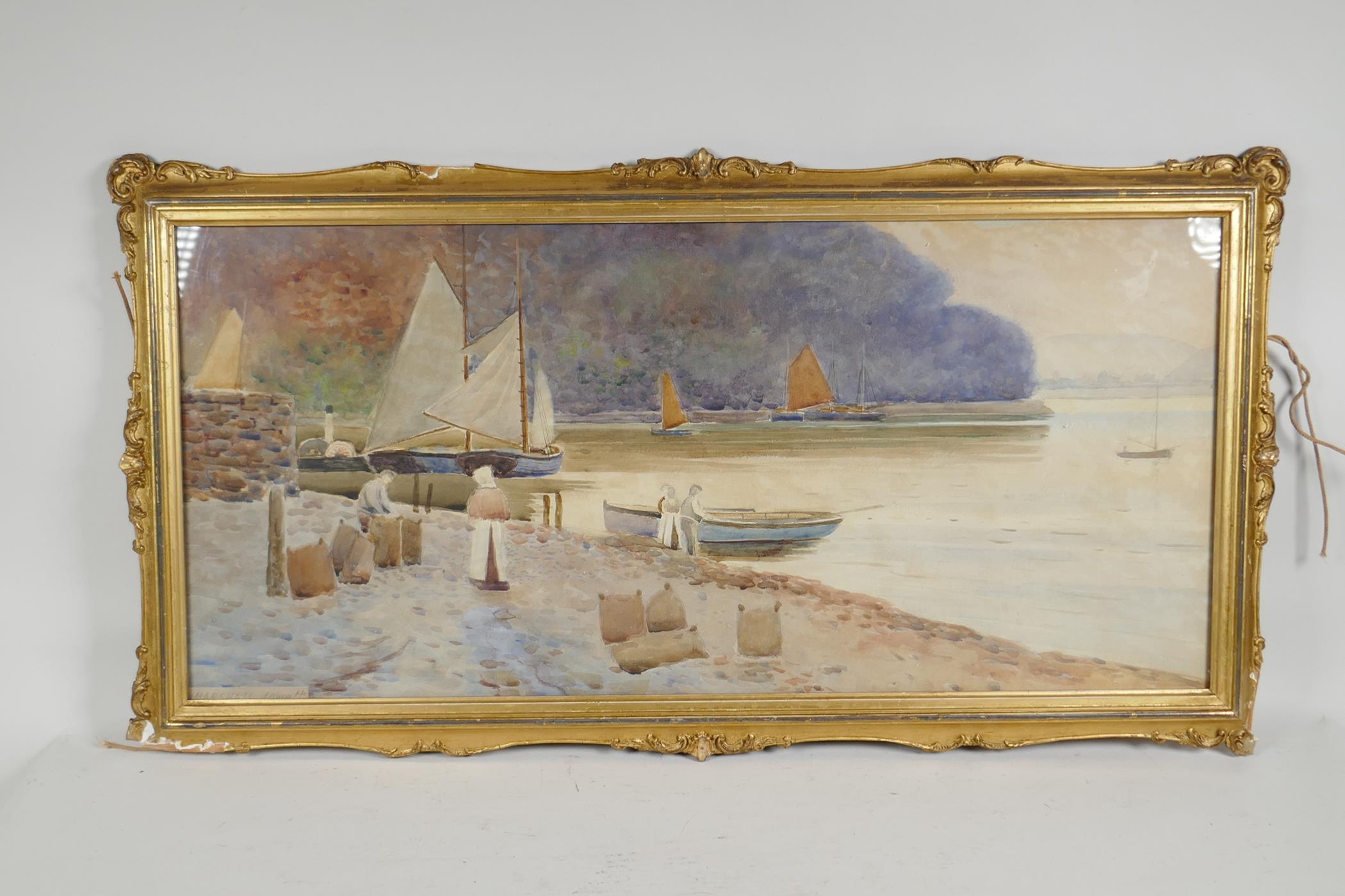 J. Marshall Lowett, moored boats and figures on a lakeside shore, C19th watercolour, 25" x 11" - Image 2 of 4