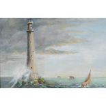 A light house and sailing ship in a stormy sea, titled verso "Bishops Rock Lighthouse", oil on