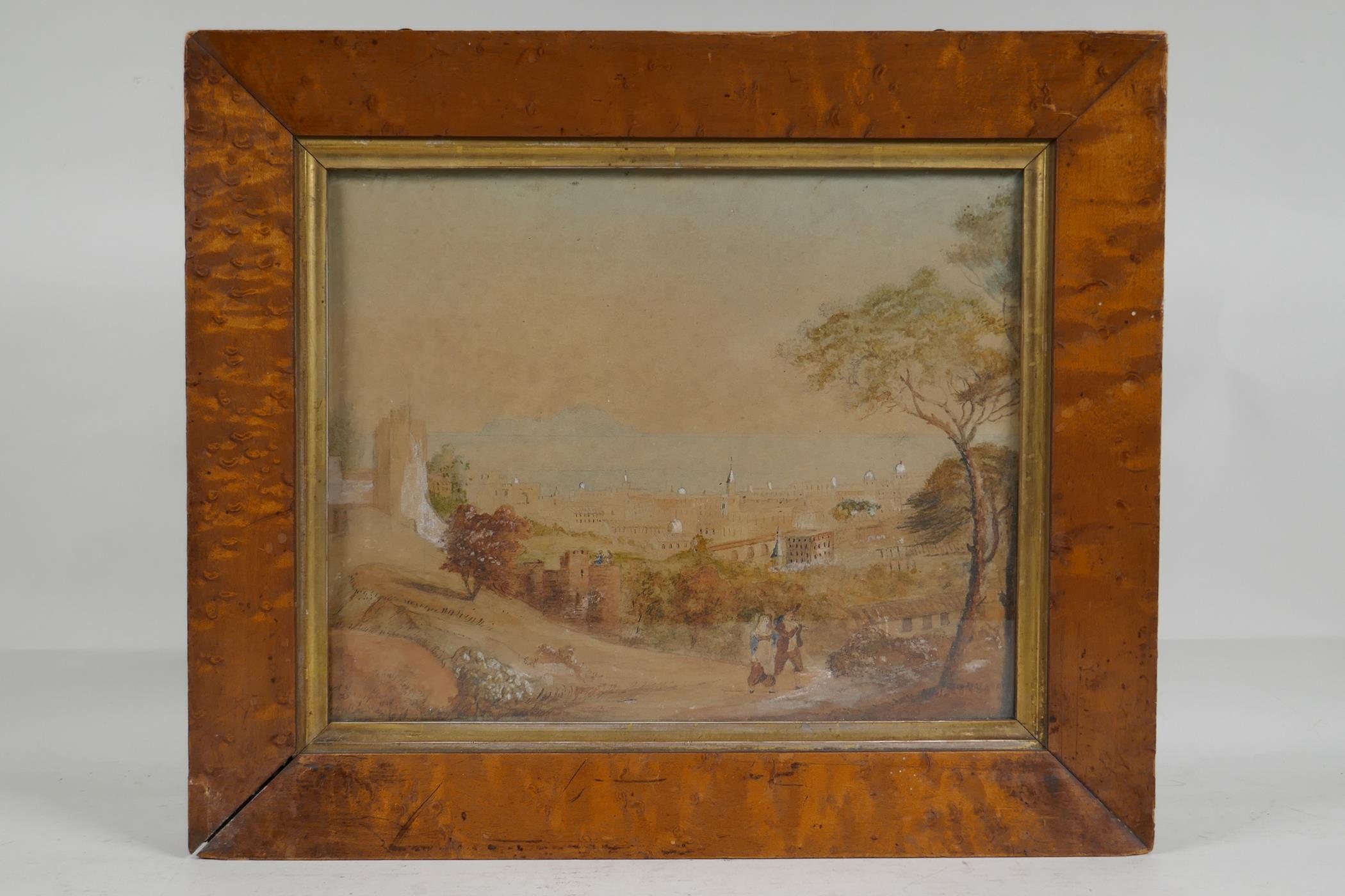 A C19th naive continental city scene with the sea beyond, in a birdseye maple frame, watercolour, - Image 3 of 4