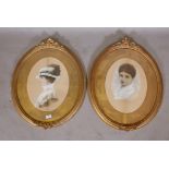 A pair of C19th overpainted lithographs, portraits of two women, in oval frames with grape and