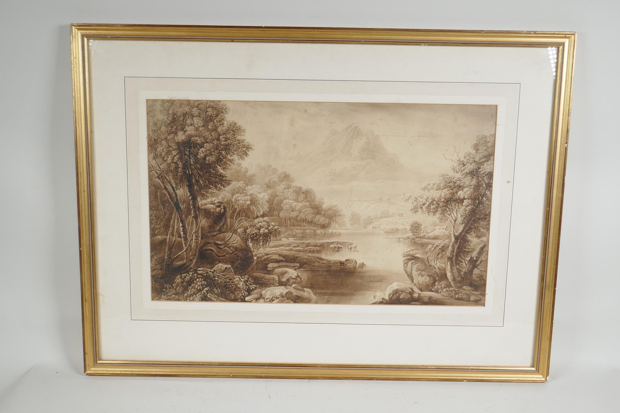 A lake scene, possibly James Duffield Harding, late C18th/early C19th monochrome watercolour,  17" x - Image 2 of 3