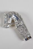 A silver plated cane handle in the form of a horses head, stamped 800, 3" high