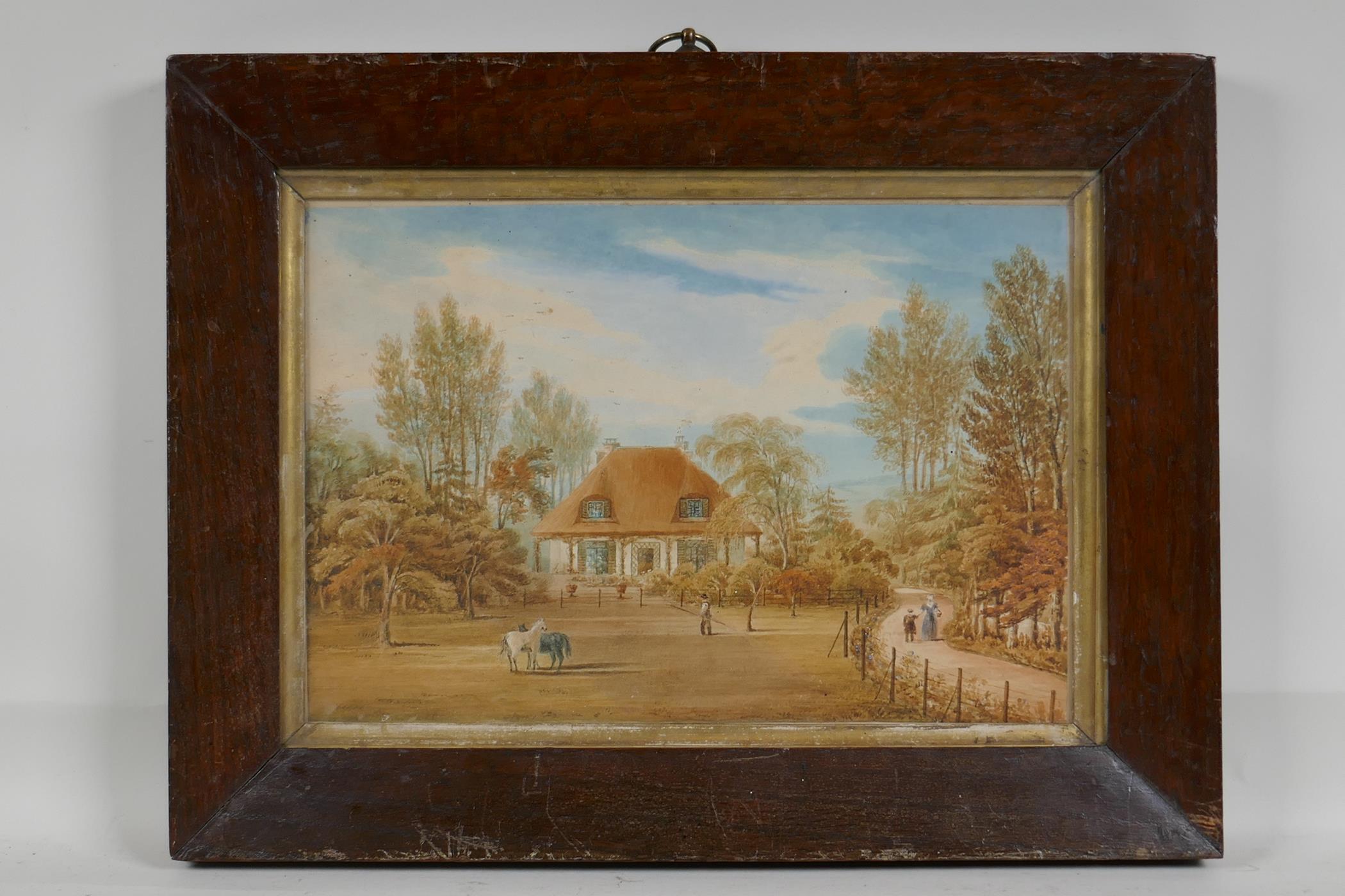 A C19th naive landscape with ponies in a paddock, watercolour, 13" x 9½" - Image 3 of 5