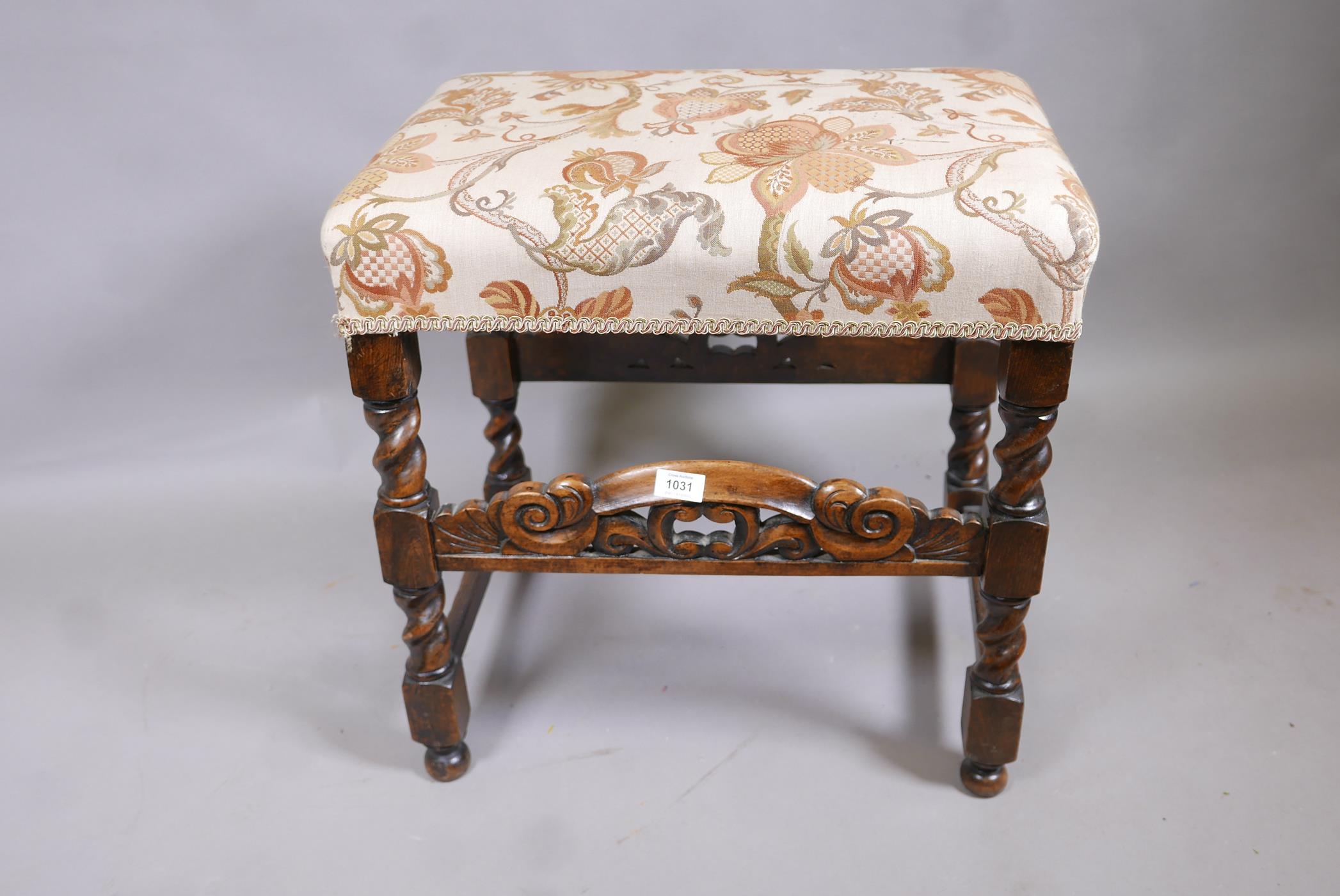 An early C20th oak stool with carved and pierced stretchers and barley twist supports, 21" x 15", - Image 2 of 2