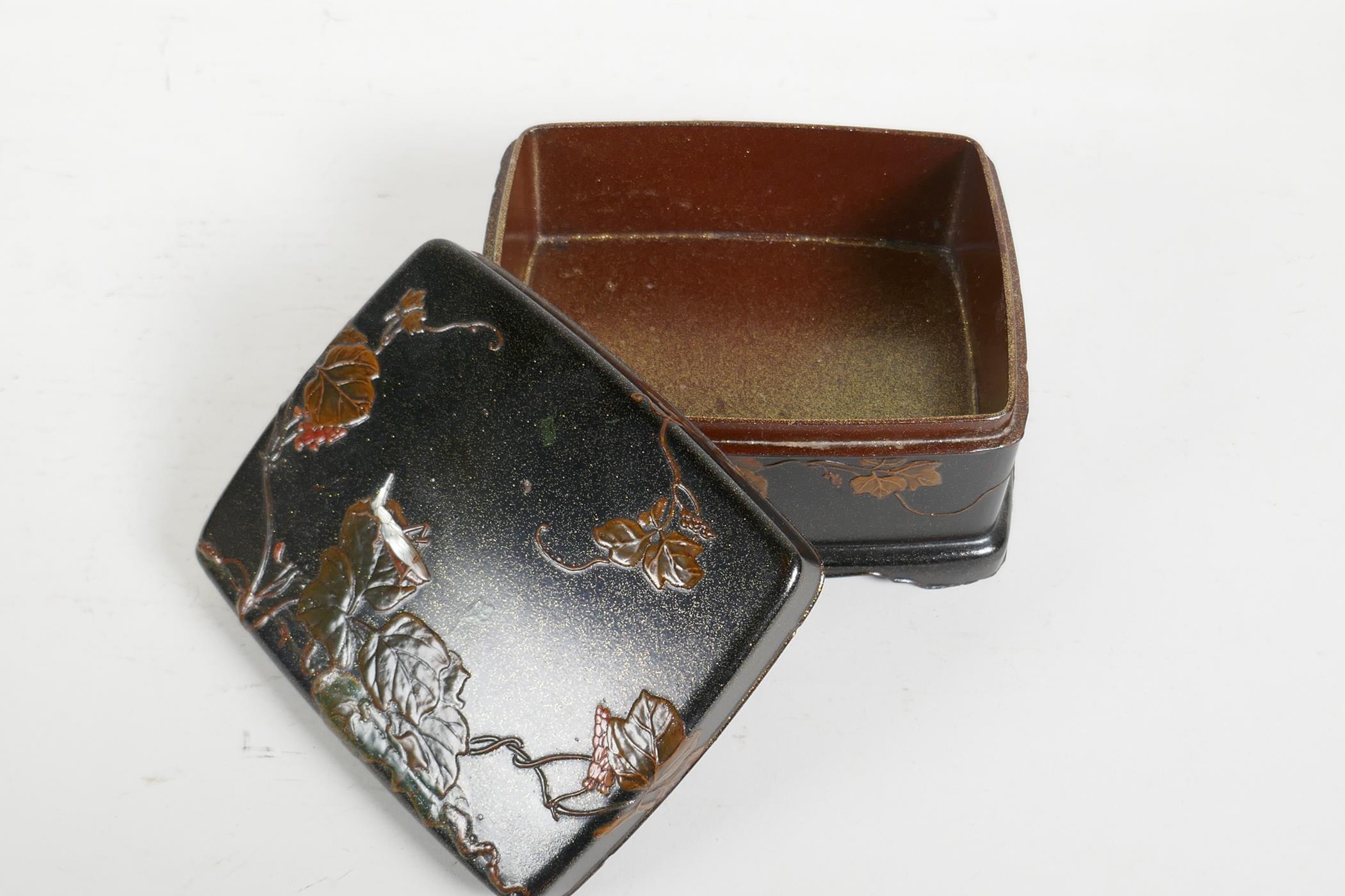 A Japanese Meiji period lacquer box with shibayama inlaid insect decoration, repaired, 6½" x 5" - Image 4 of 4