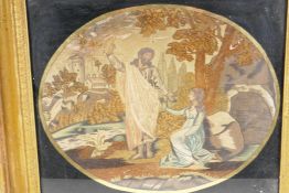 An early C19th woolwork depicting the Resurrection with Jesus and Mary Magdalene, 17" x 14", in an