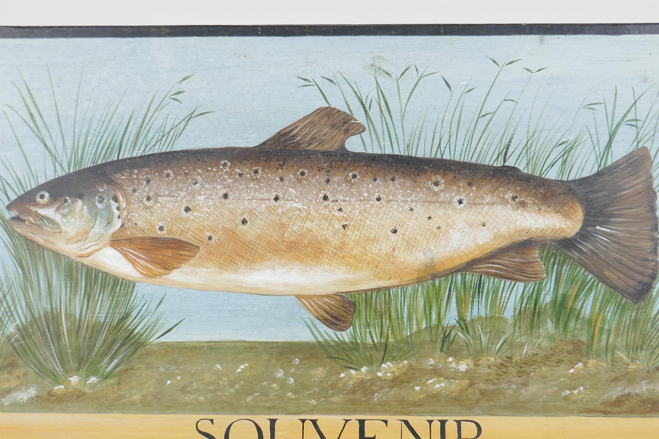 A rainbow trout, (souvenir of France), signed, oil on board, 20" x10½" - Image 2 of 3