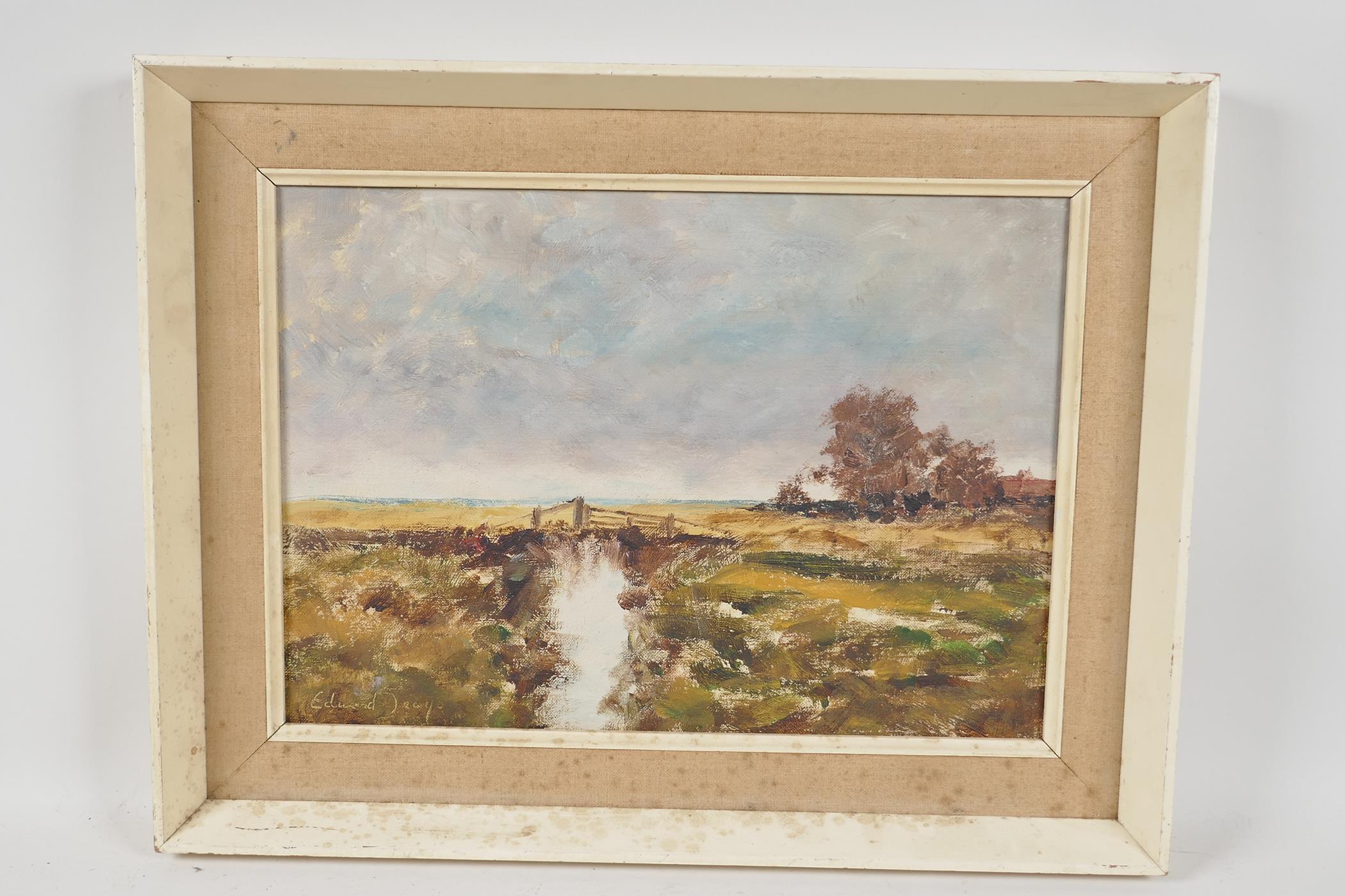 A landscape with wooden bridge by a stream, indistinctly signed, oil on canvas, 10" x 14" - Image 2 of 4