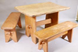 An elm table with single plank top and two matching benches, 42" x 29" x 29"