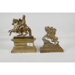 A Victorian brass doorstop, Wellington on horseback, 10" high, and another of Bonaparte