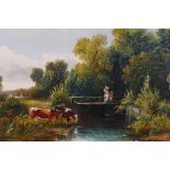Henry Harris, figures and cattle by a stream, gallery label and some history verso, signed oil on