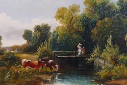 Henry Harris, figures and cattle by a stream, gallery label and some history verso, signed oil on