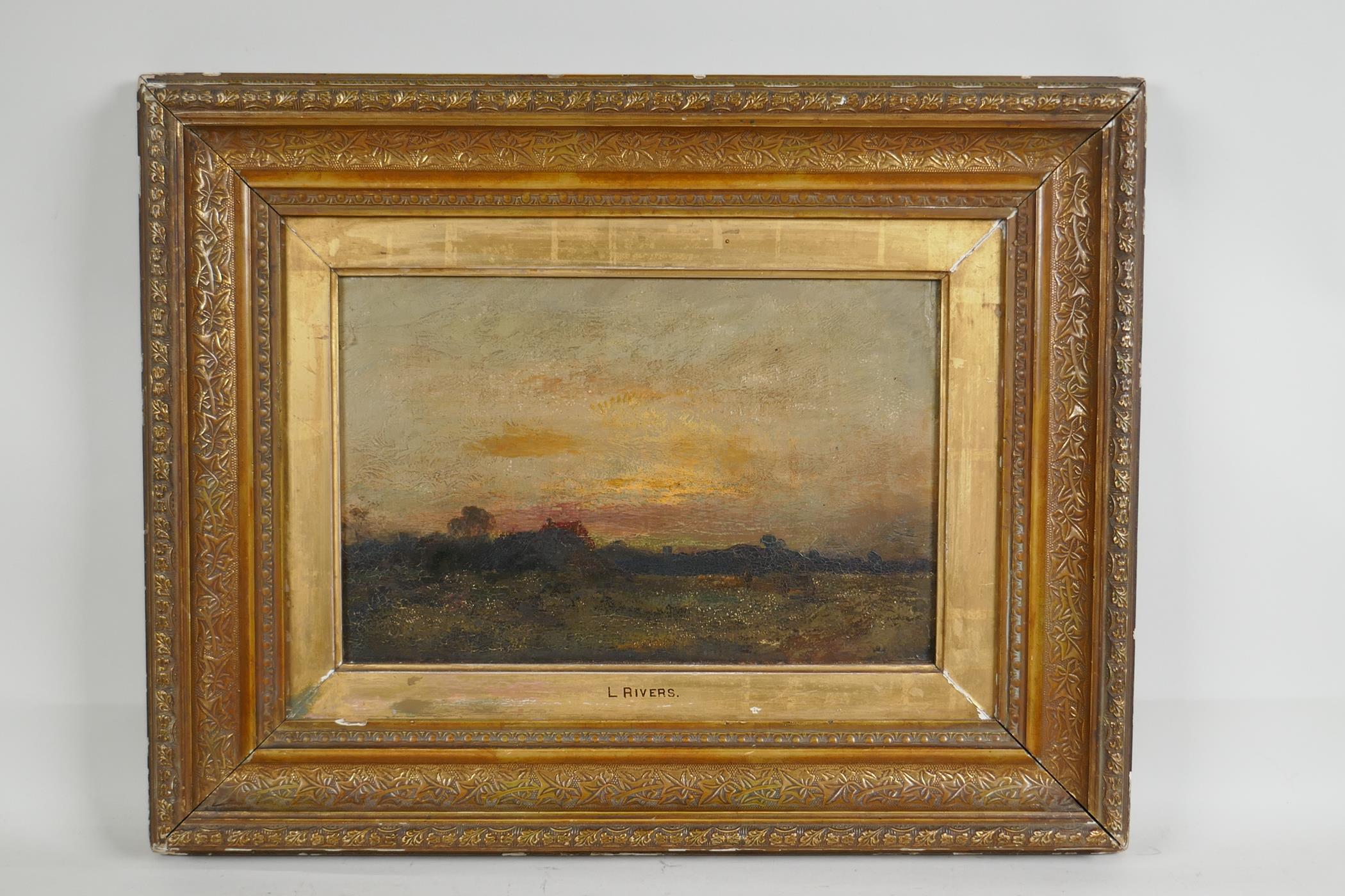 Leopold Rivers, (attributed on frame), rural landscape at dusk, C19th oil on panel, 12" x 8" - Image 3 of 6