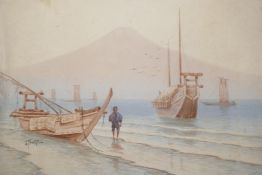 S.Tosube, a Japanese watercolour of a fisherman and boats in the harbour and Mount Fuji beyond,