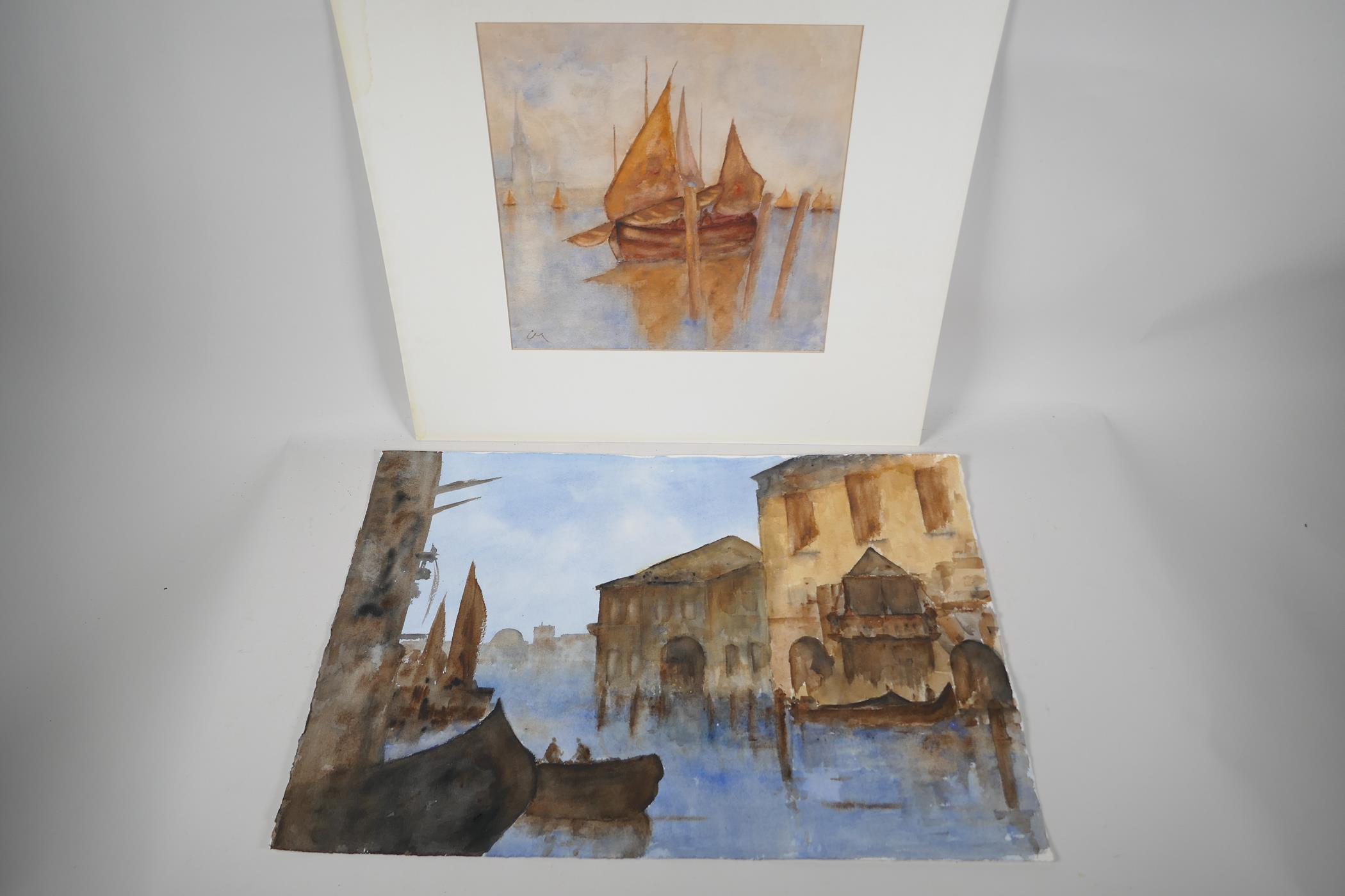 Two unframed Venice scenes, one monogrammed, watercolours, largest 15" x 22" - Image 3 of 4