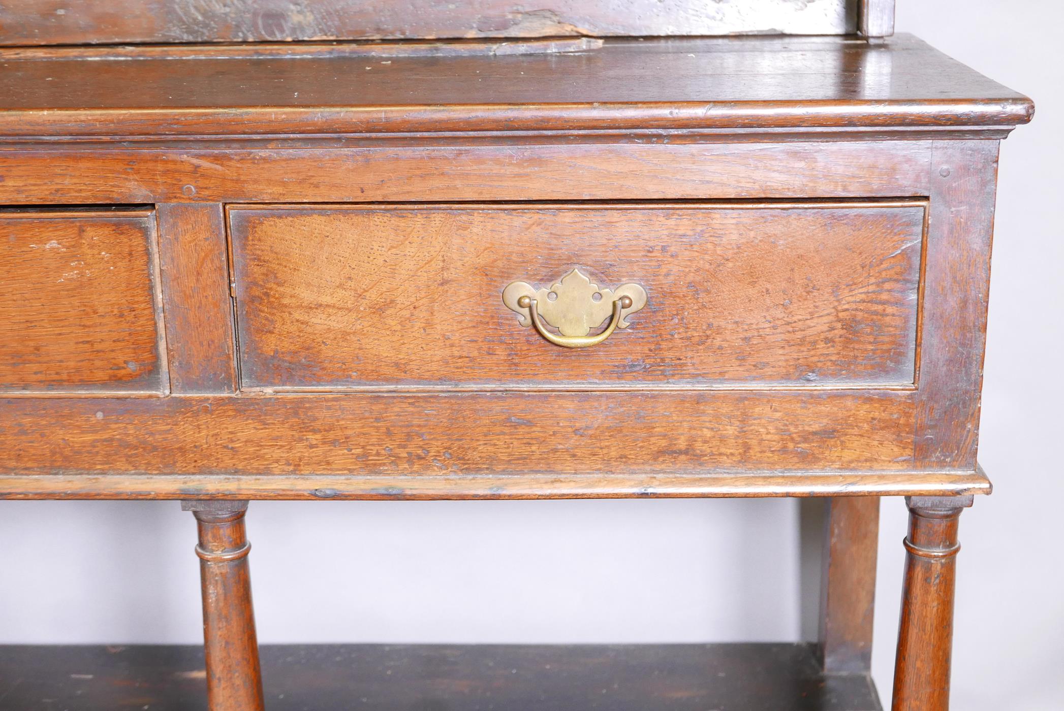 A Georgian Welsh oak pot board dresser, the delft rack with planked back and hand forged hooks, - Image 3 of 8