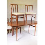 A mid century 'Fonseca' afromosia dining table with four chairs ensuite by A. Younger Ltd for Heals,