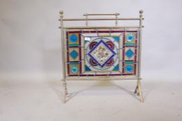 A Victorian Arts & Crafts leaded glass fire screen, the brass frame with maker's plate, 24" x 26",