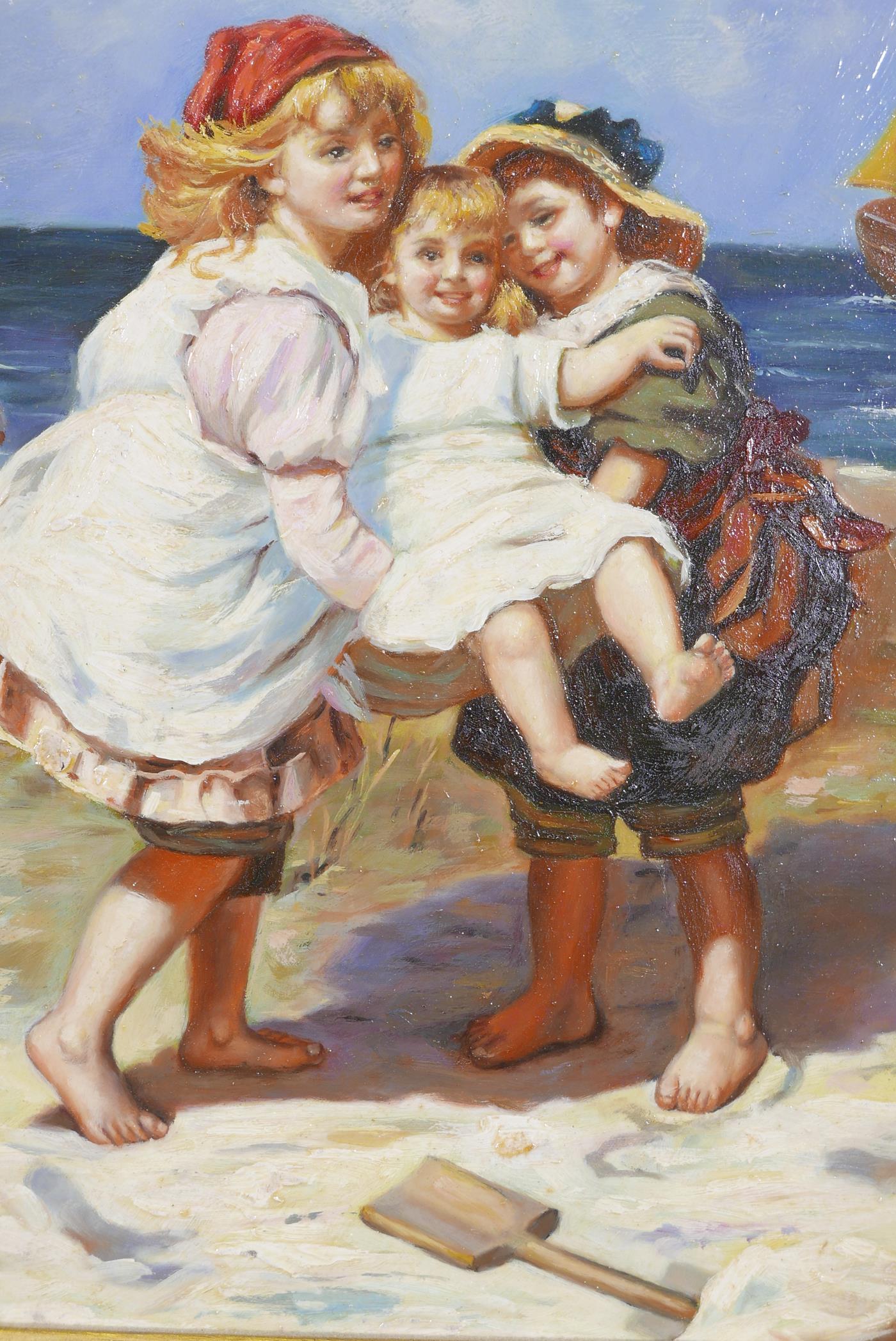 Children playing at a beach, oil on panel, unsigned, 8" x 10"