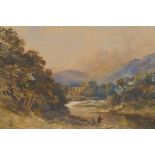 Fishermen on a river bank with distant abbey, C19th watercolour, 13" x 9"
