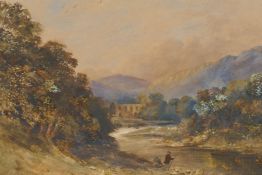 Fishermen on a river bank with distant abbey, C19th watercolour, 13" x 9"