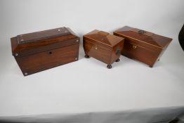 Three C19th rosewood and mahogany Sarcophagus shaped tea caddies, largest 12½" long