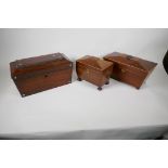 Three C19th rosewood and mahogany Sarcophagus shaped tea caddies, largest 12½" long