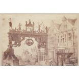 A sepia print of an elaborate gateway in a Norfolk village, with detailed description verso, 7" x