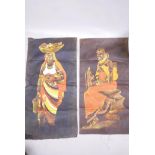 A pair of batik artworks of Masai women & children, signed indistinctly, 18" x 38"