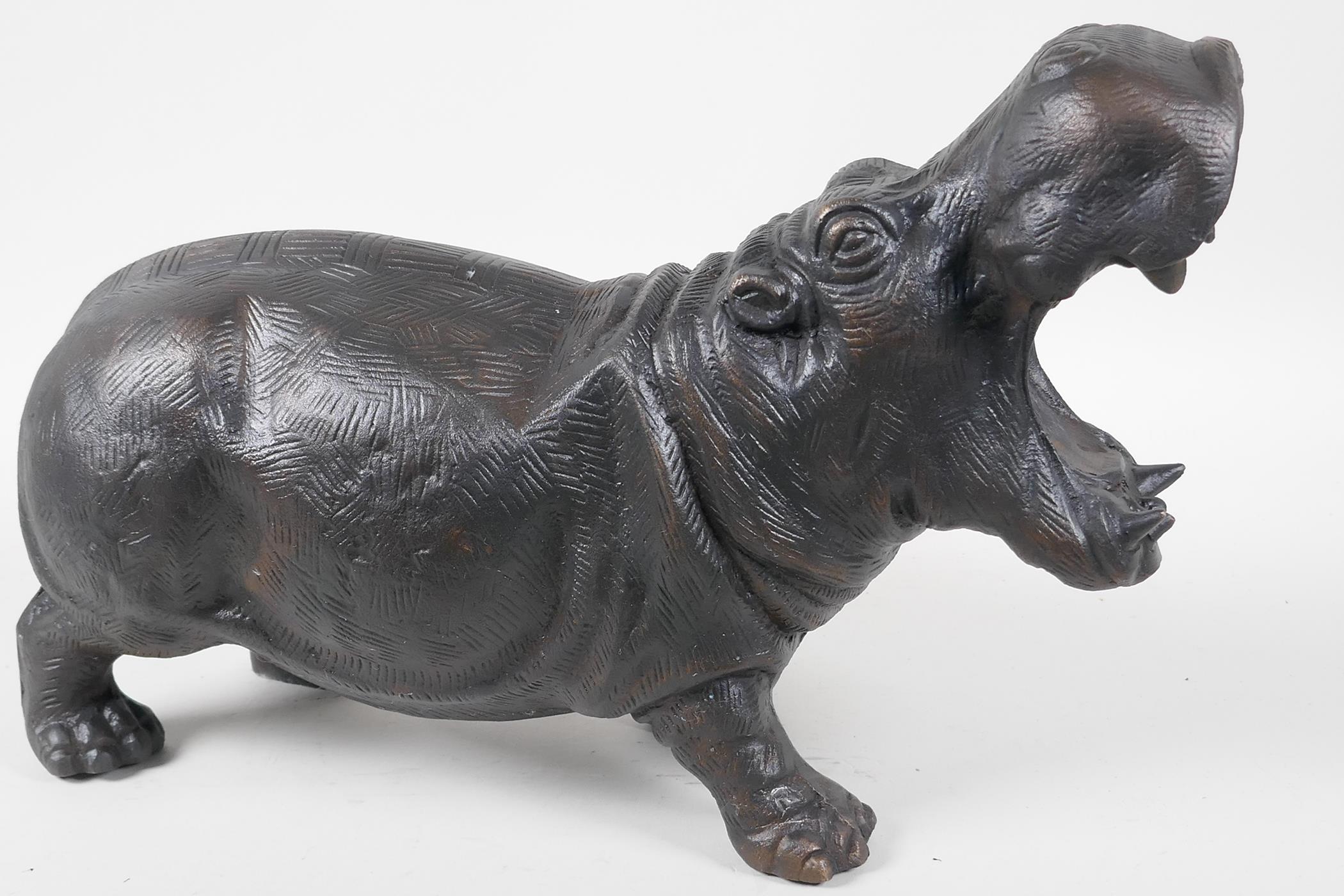 A cast metal figurine of a hippopotamus with mouth agape, 15" long - Image 2 of 2