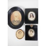 Four C19th miniature portraits of ladies, largest 5" x 4"